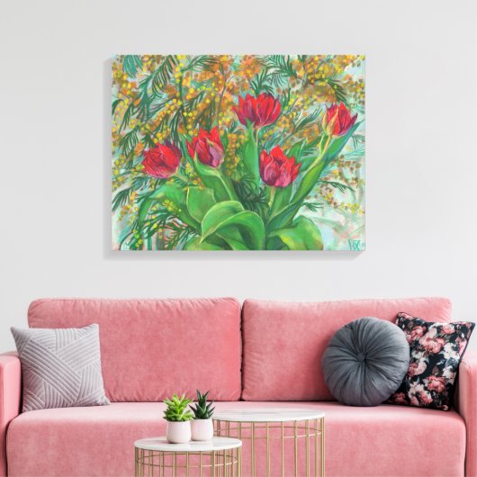 Mimosa en Tulpen, lentbloemen, houtverf Canvas Afdruk (Insitu (Woonkamer))