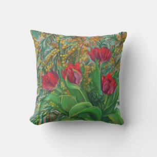 Mimosa en Tulpen, lentbloemen, houtverf Kussen
