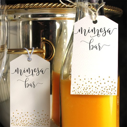 Mimosa flesje label met goudtroep cadeaulabel