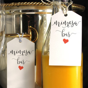 Mimosa flesje labels met een gekleurd hartritme cadeaulabel