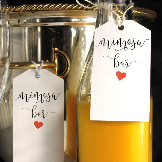 Mimosa flesje labels met een gekleurd hartritme cadeaulabel