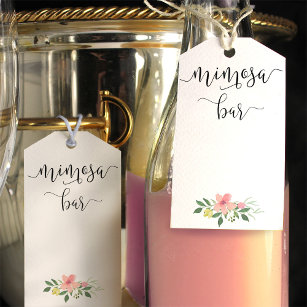 Mimosa flesje labels met een roze blesse bouquet cadeaulabel