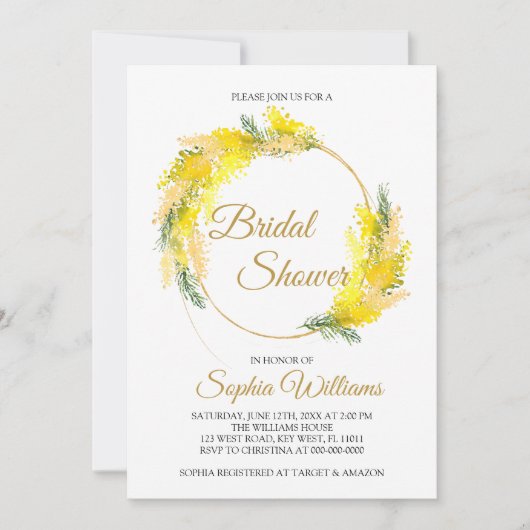 Mimosa Lush Flowers Bridal Shower Invitation Kaart (Voorkant)