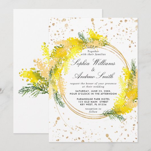 Mimosa Lush Flowers Wreath Wedding Kaart (Voorkant / Achterkant)