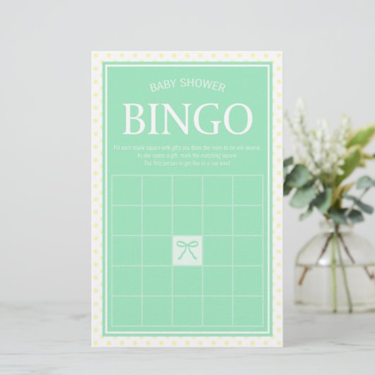 Min Baby shower Bingo Lint en Gele Polka Dots Briefpapier (Staand voorkant)