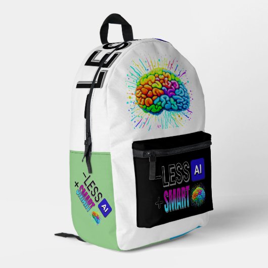 MINDER AI MEER SLIMME HERSENEN! BEDRUKTE RUGZAK (Achterkant Hoek Links)