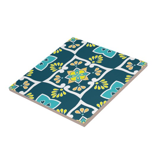 Minder en blauwgroen Azulejos met gele elementen Tegeltje (Zijkant)