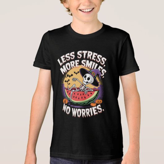 Minder stress, meer glimlachen: grappig skelet Hal Tri-Blend Shirt (Voorkant)