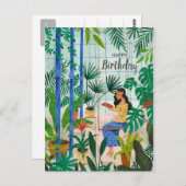 Mindful blauwe kasplanten meisje lezend briefkaart (Voorkant / Achterkant)