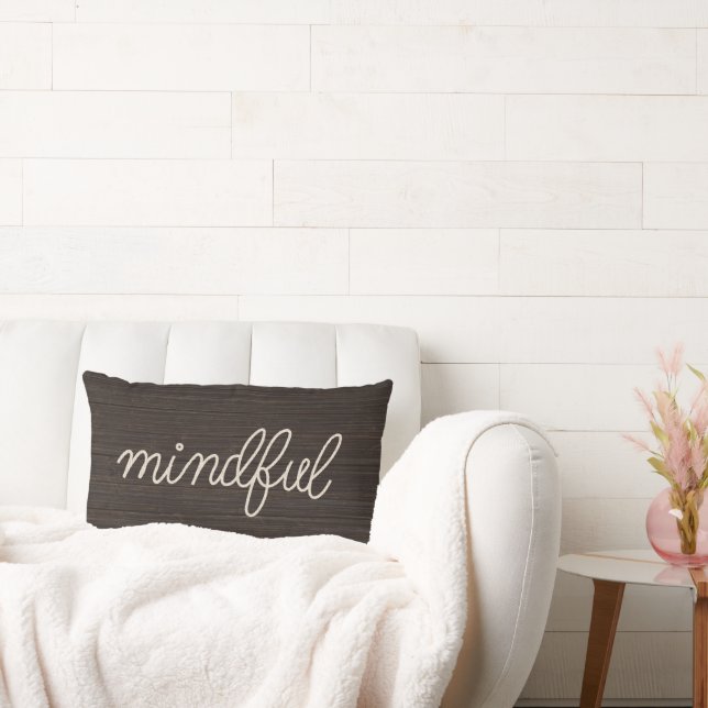 MINDFUL Touwtekst op donker hout Kussen (Bank)