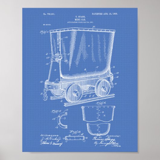 Mine Trolley 1903 Patent Art Blueprint Poster (Voorkant)