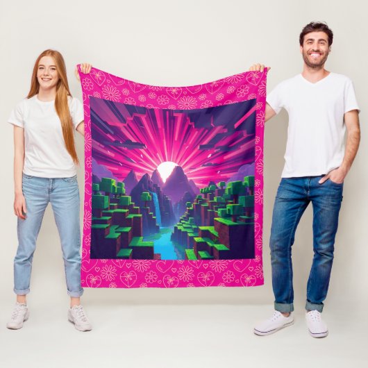 Minecraft Pixelated Zonsondergang Over Blocky Moun Fleece Deken (In situ)