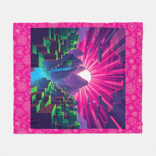 Minecraft Pixelated Zonsondergang Over Blocky Moun Fleece Deken (Voorkant (Horizontaal))