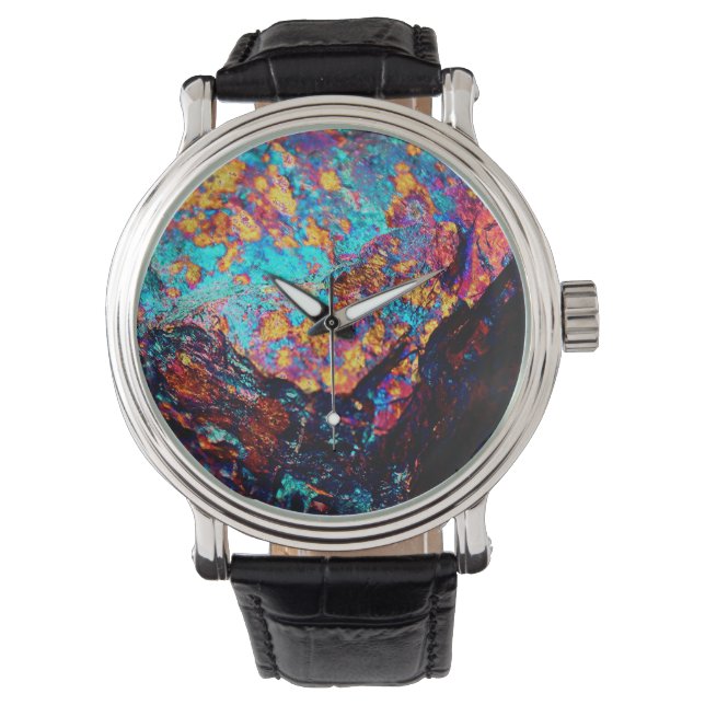 Minerale chalcopyritel steen look zwart blauw goud horloge (Voorkant)
