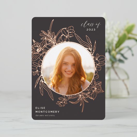 Minerale Floral Folie Foto Afstuderen aankondiging (Staand Voorkant)