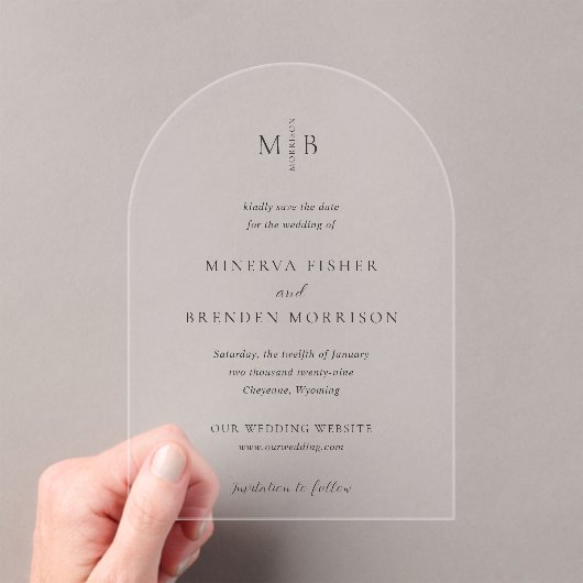 Minerva Modern Elegant Wedding Save the Date Acryl Uitnodigingen (Insitu (Draagbaar))