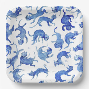 Ming blauw-witte zwevende katten papieren borden bordje