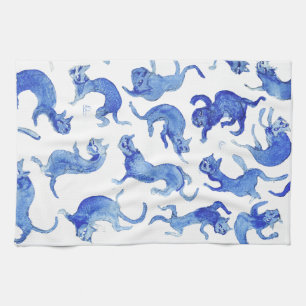 Ming stijl blauw en wit drijvende katten keuken theedoek