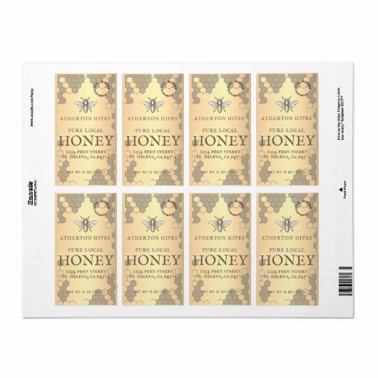 Mini 2 "x 3.75" Gold Honey Label met Heraldic Bee (Full Sheet)