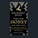 Mini 2 x 3,75-inch achtertuin honingetiket met bij etiket<br><div class="desc">Realistische waterverf wordt op zwart label in vlucht genomen. Geoogste datum.</div>