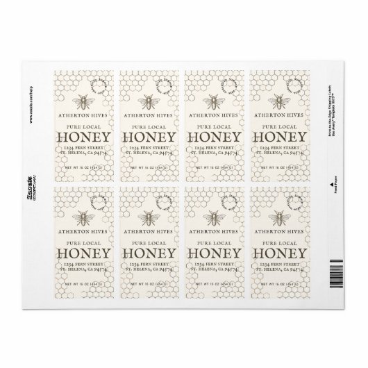 Mini 2"x 3,75" Ivory Honey Label with Heraldic Bee (Full Sheet)