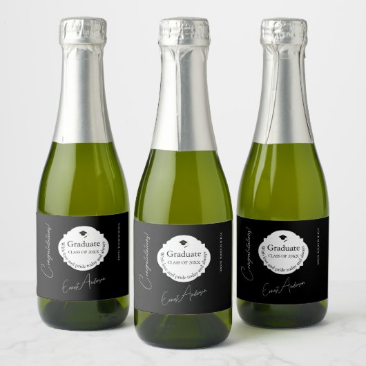 Mini Afstudeer Bedankt Zwart & Wit Sparkling Wijnetiket (Flessen)