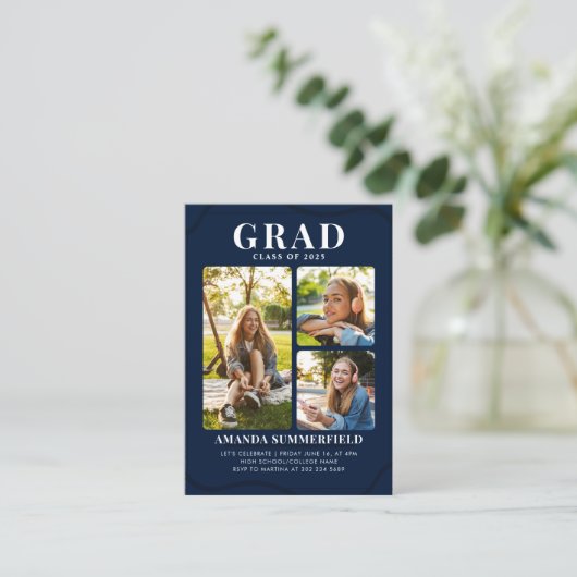 Mini Afstuderen 3 foto's Uitnodiging voor een fees Informatiekaartje (Staand voorkant)