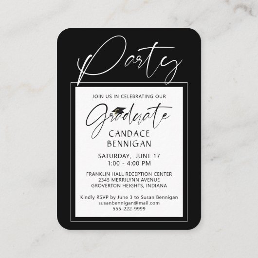 Mini Afstuderen Party Script Foto Wit Pet Zwart Informatiekaartje (Achterkant)