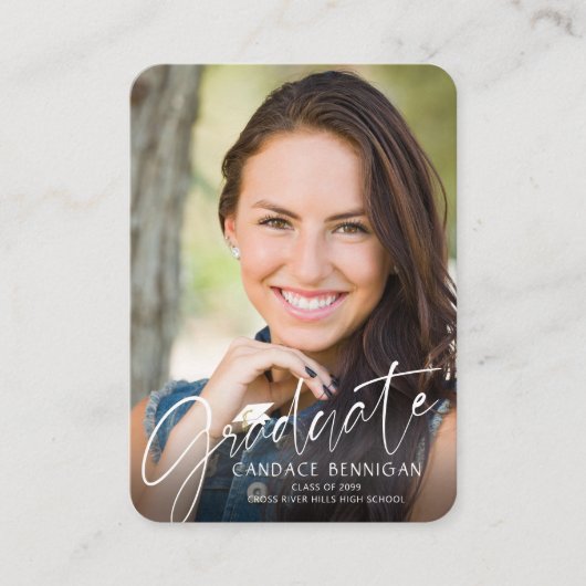 Mini Afstuderen Party Script Foto Wit Pet Zwart Informatiekaartje (Voorkant)