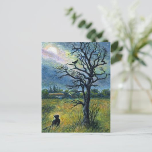 Mini Art Cat & Bird & Moon Briefkaart (Staand voorkant)