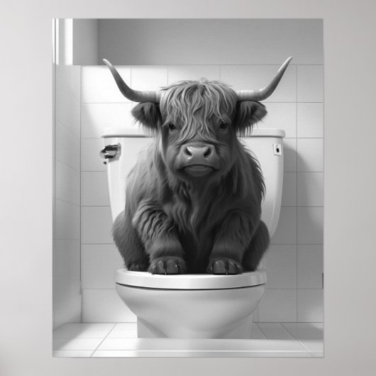 Mini Baby Highland Koe op toilet badkamer Poster (Voorkant)