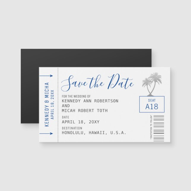 Mini Blue Plane Ticket Beach Save the Date Magnet (Voorkant / Achterkant)