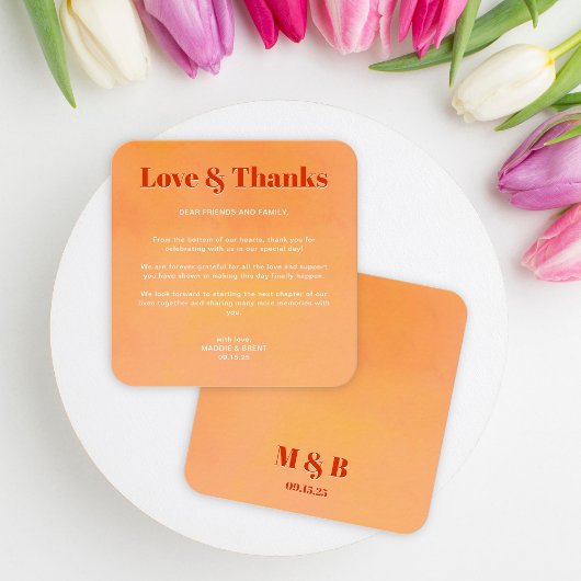 Mini Bold Orange Sunset Monogram Wedding Thank You Notitiekaartje