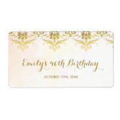Mini champagnefleslabel goud damast verjaardag etiket (Voorkant)