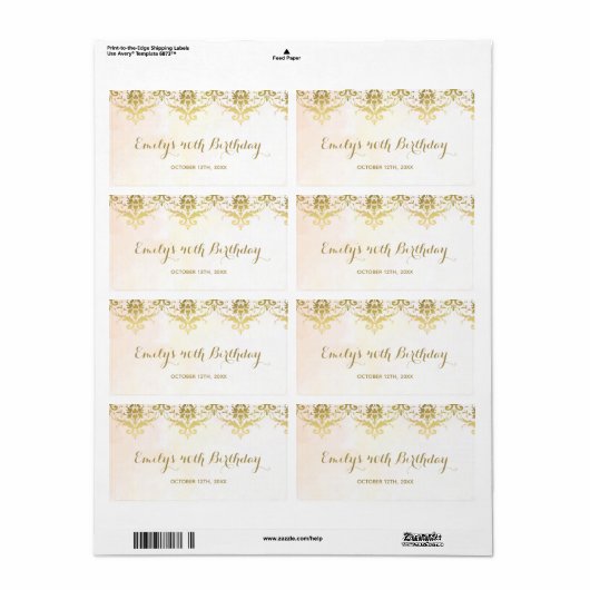 Mini champagnefleslabel goud damast verjaardag etiket (Full Sheet)