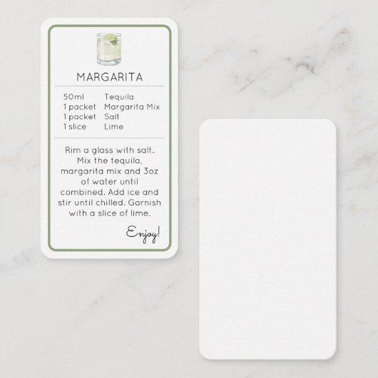 Mini Cocktail Kit Favor Recept Kaart Margarita (Voorkant / Achterkant)