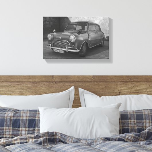 Mini Cooper zwart-wit retro canvas Afdruk (Insitu (Slaapkamer))