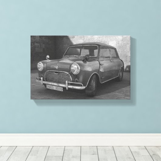  Mini Cooper zwart-wit retro canvas Afdruk (Insitu (Houten vloer))