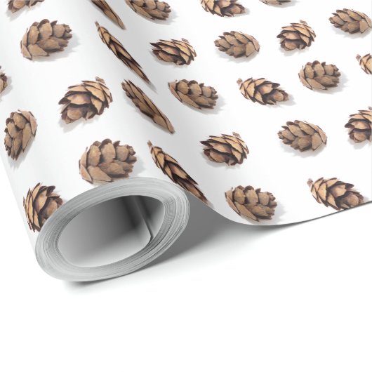 Mini dennenappels op wit patroon cadeaupapier (Rol Hoek)