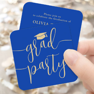 Mini diploma-uitnodigingskaart blauw & goud informatiekaartje