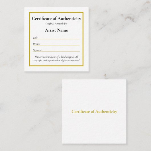  mini-echtheidscertificaat vierkante visitekaartje (Voorkant / Achterkant)