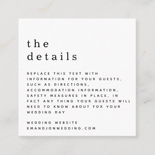 MINI Eenvoudig Zwart Wit Bruiloft Details Informatiekaartje (Voorkant)