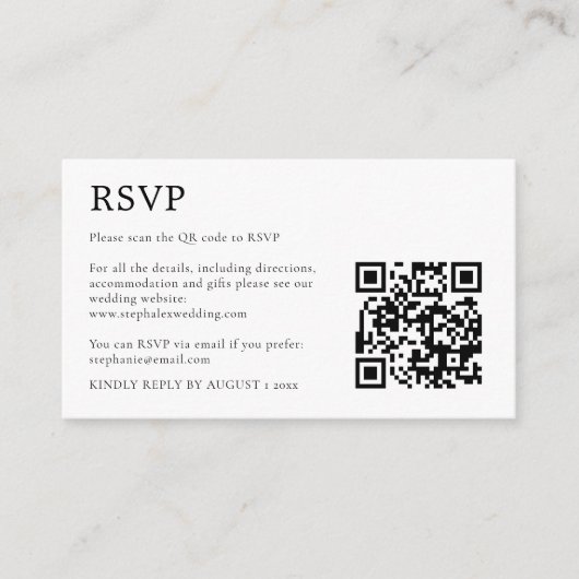 MINI Eenvoudige Zwarte Witte QR Code RSVP Informatiekaartje (Voorkant)