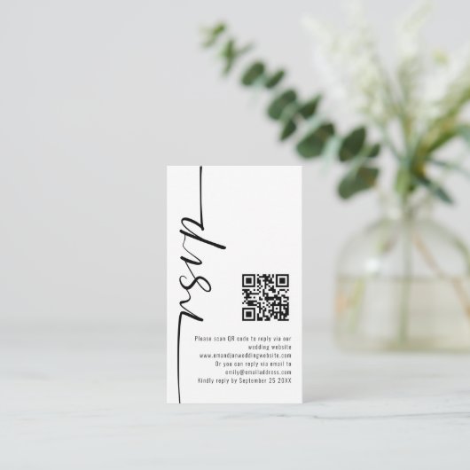 Mini Elegant Calligraphy QR Code Weddenschap RSVP Informatiekaartje (Staand voorkant)