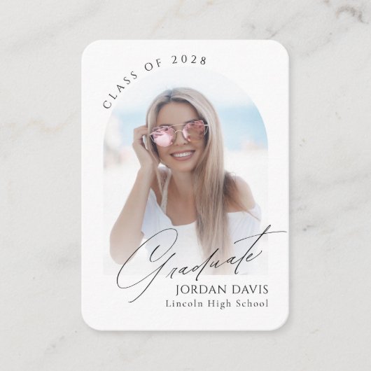 Mini Elegant Script Arch Foto Afstuderen Uitnodige Informatiekaartje (Voorkant)