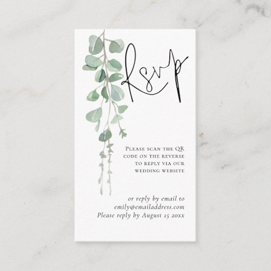 Mini Eucalyptus Script QR Code Weduwschap RSVP Informatiekaartje (Voorkant)
