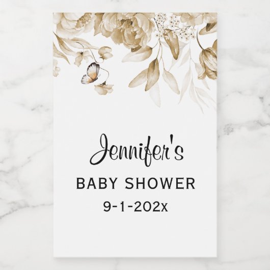 Mini Fles Sepia Baby shower Bloemdruppel Mini Wijn Etiket (Enkel label)