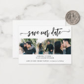 Mini formaat 3 foto moderne bruiloft met datum notitiekaartje (Voorkant / Achterkant in situ)