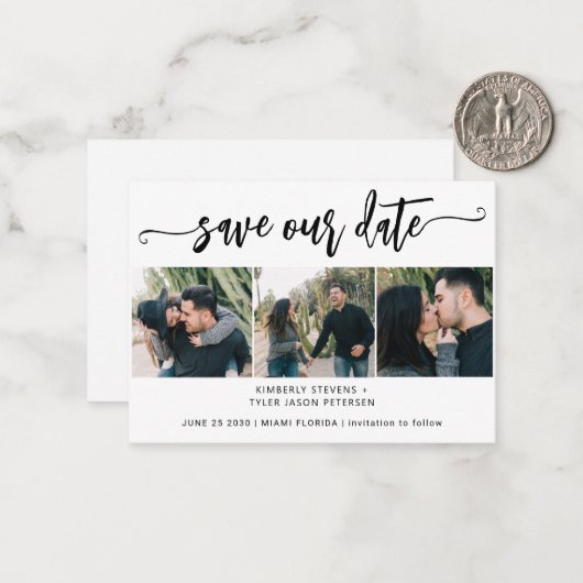 Mini formaat 3 foto moderne bruiloft met datum notitiekaartje (Voorkant / Achterkant in situ)