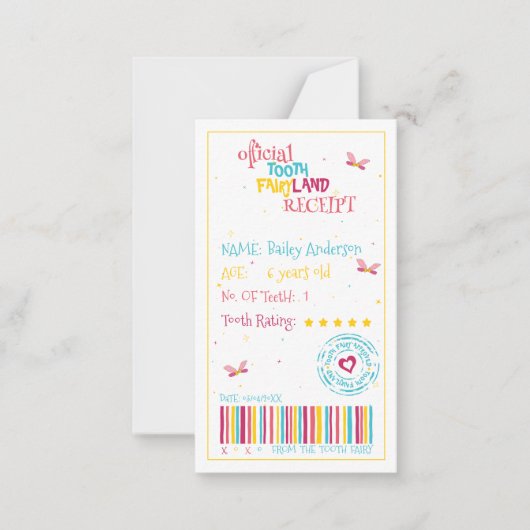 Mini Fun Tooth Fairy Receipt met een Schattige rij Notitiekaartje (Voorkant)